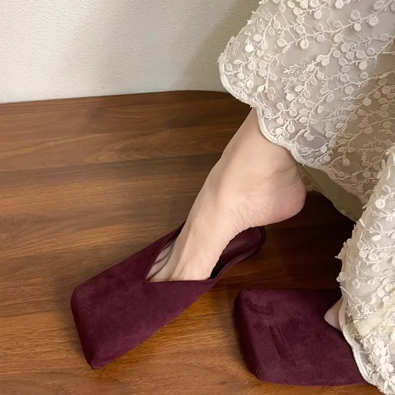 Summer Clothing Fabric - Women Suede Flats Mules Shoes Square